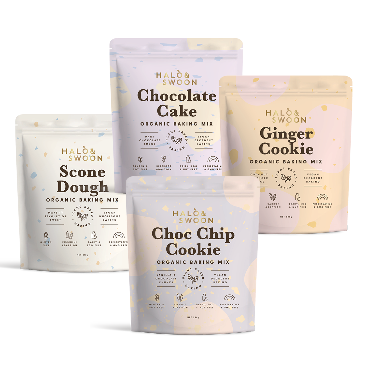 Halo & Swoon Baking Bundle Foursome - 4 organic, vegan, gluten-free baking mixes (Chocolate Cake, Scone Dough, Ginger Cookie, Choc Chip Cookie)