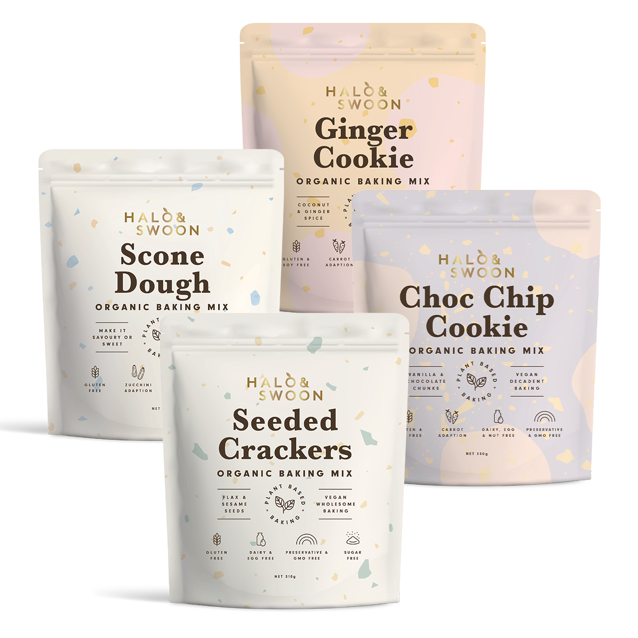 Halo & Swoon Favourite Baking Bundle - 4 organic, vegan, gluten-free baking mixes (Scone Dough, Seeded Crackers, Ginger Cookie, Choc Chip Cookie)