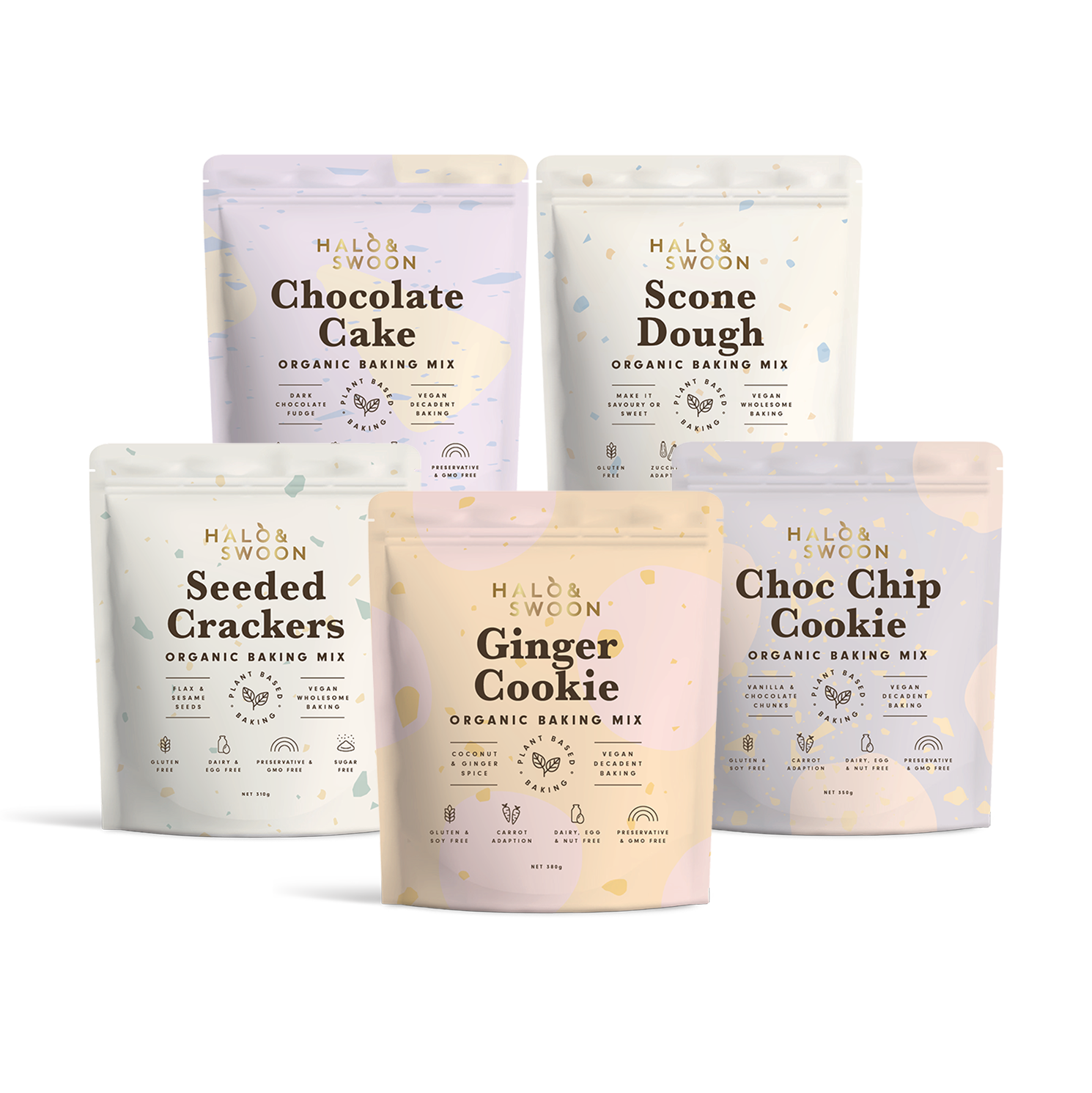 Halo & Swoon Full Monty Baking Bundle - 5 organic, vegan, gluten-free baking mixes (Chocolate Cake, Scone Dough, Seeded Crackers, Ginger Cookie, Choc Chip Cookie)